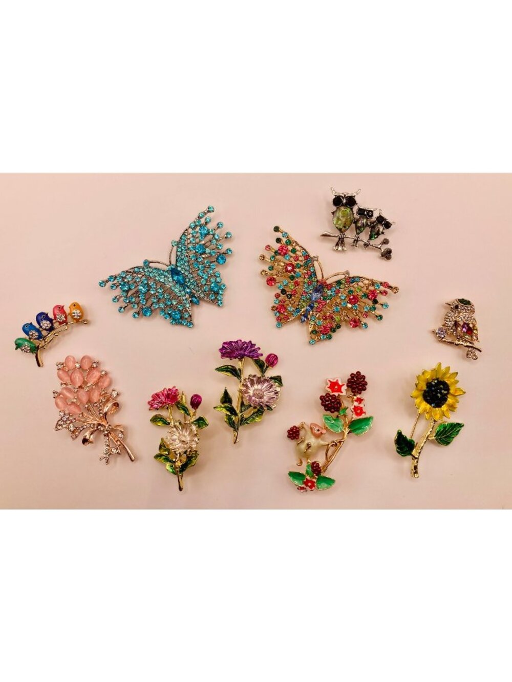 Set Of 10 Colorful Rhinestone & Enamel Brooch Pins - Butterfly Floral Bird Owl D